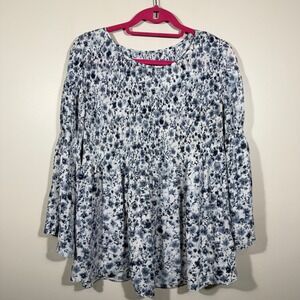 Womens Navy Blue White Floral‎ Print Bell Sleeve Tunic Top Blouse size L(?)
